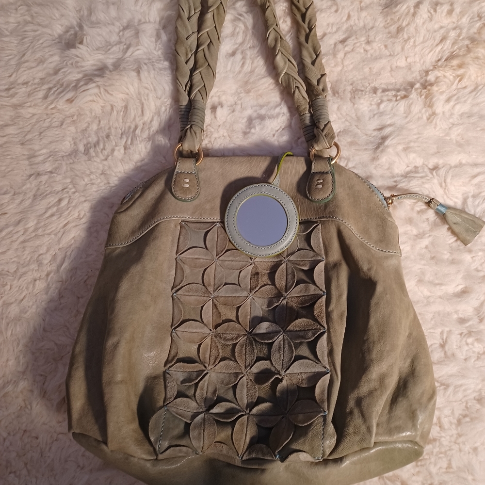 David & Scotti Sage Green Leather and Suede Purse with Flowers.